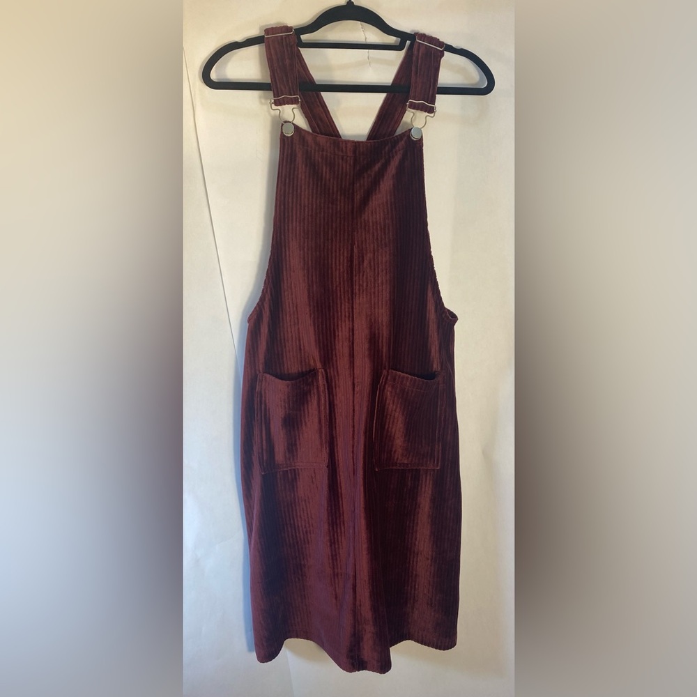 POLAGRAM Anthropologie Burgundy Velvet Ribbed Overall‎ Bib Dress Y2K Size S/P